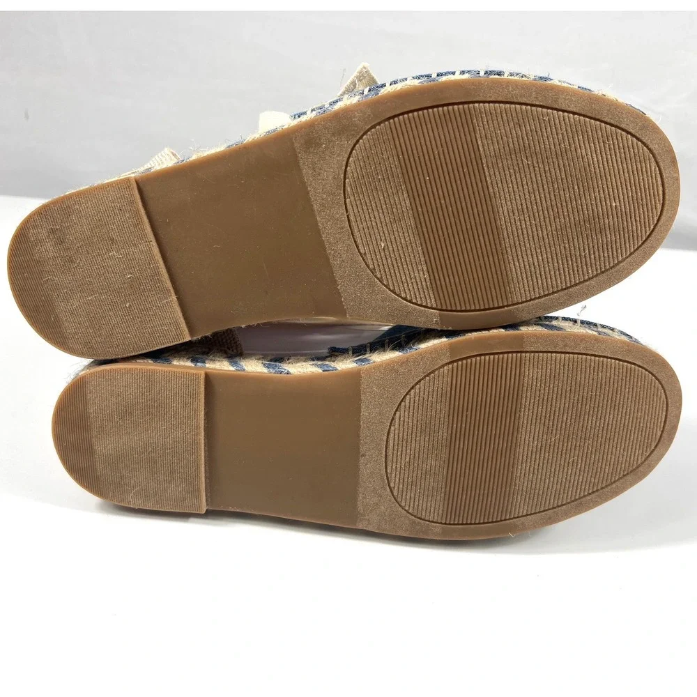 LOFT Denim Ankle Tie Espadrille Sandals Blue Tan Flat Summer Shoes Women 9M NWOT